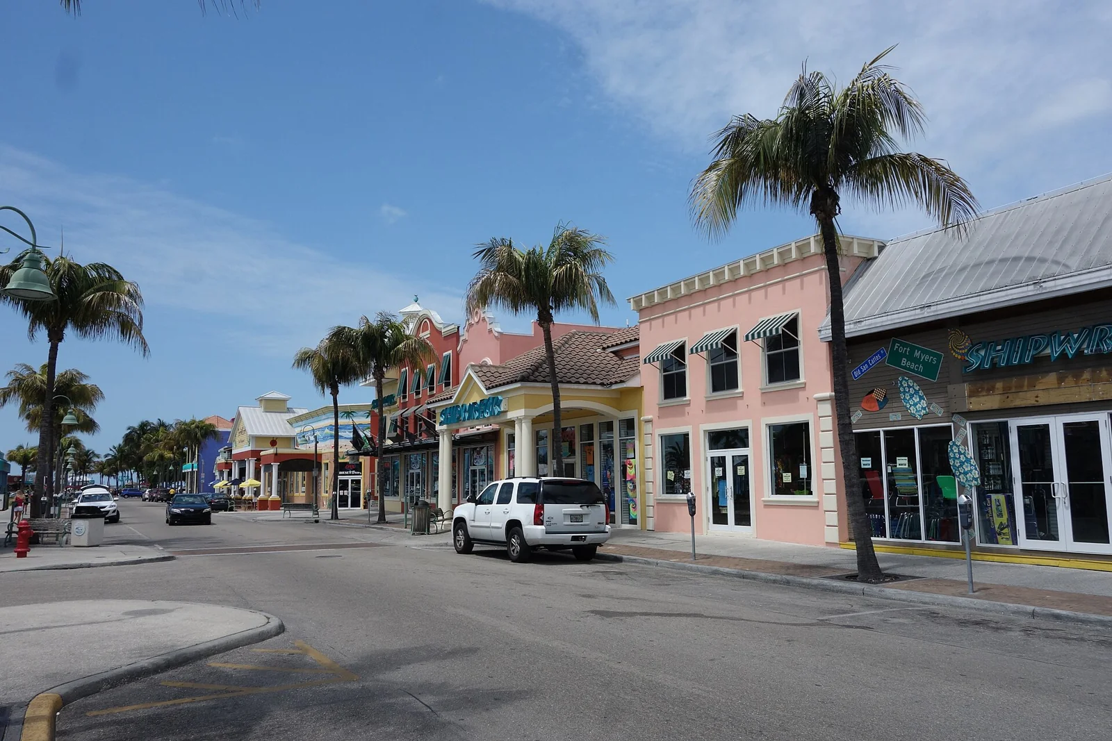 Palm-lined storefronts in historic downtown Fort Myers